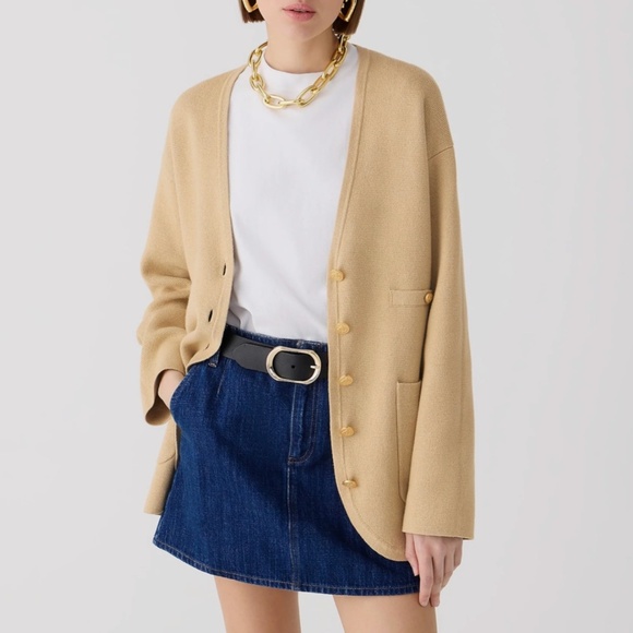 NWT J Crew Long V Neck Sweater Blazer Light Khaki Tan L - Picture 1 of 7